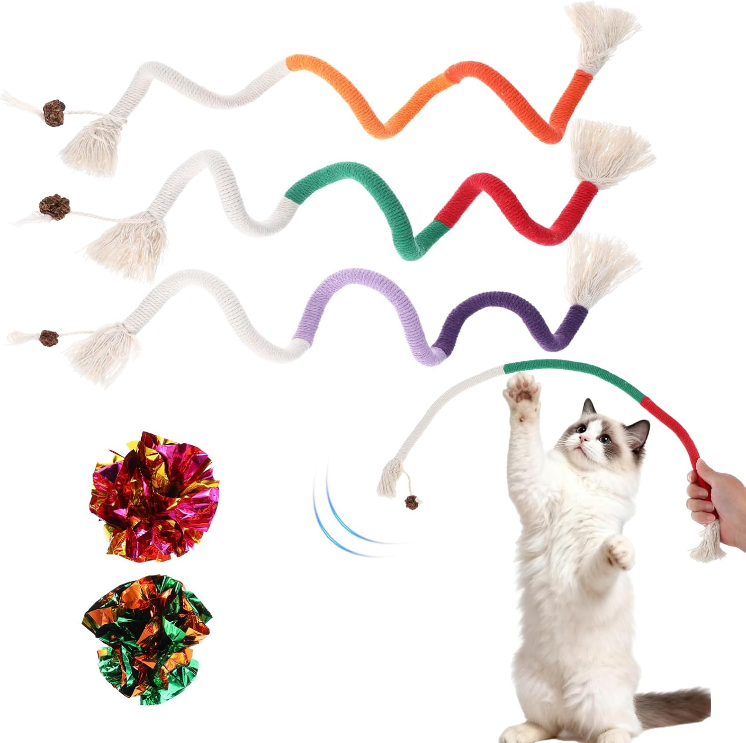 3-Pack 27.5" Catnip Chew Rope Toys for Kittens & Indoor Cats - Dental Cleaning, Interactive Play + 2 Crinkle Paper Balls