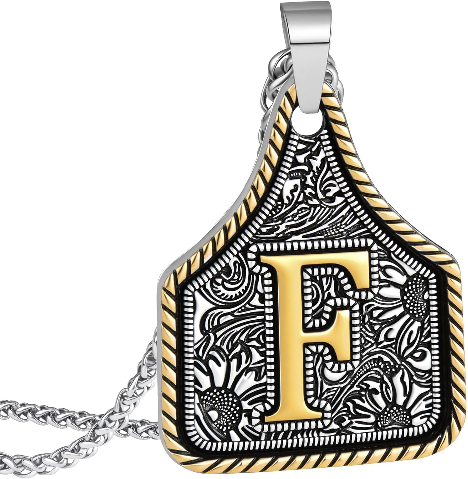 Initial Necklace with Cow Tag Pendant, 14K Gold-Plated, Retro Western Cowboy Style, Stainless Steel Chain