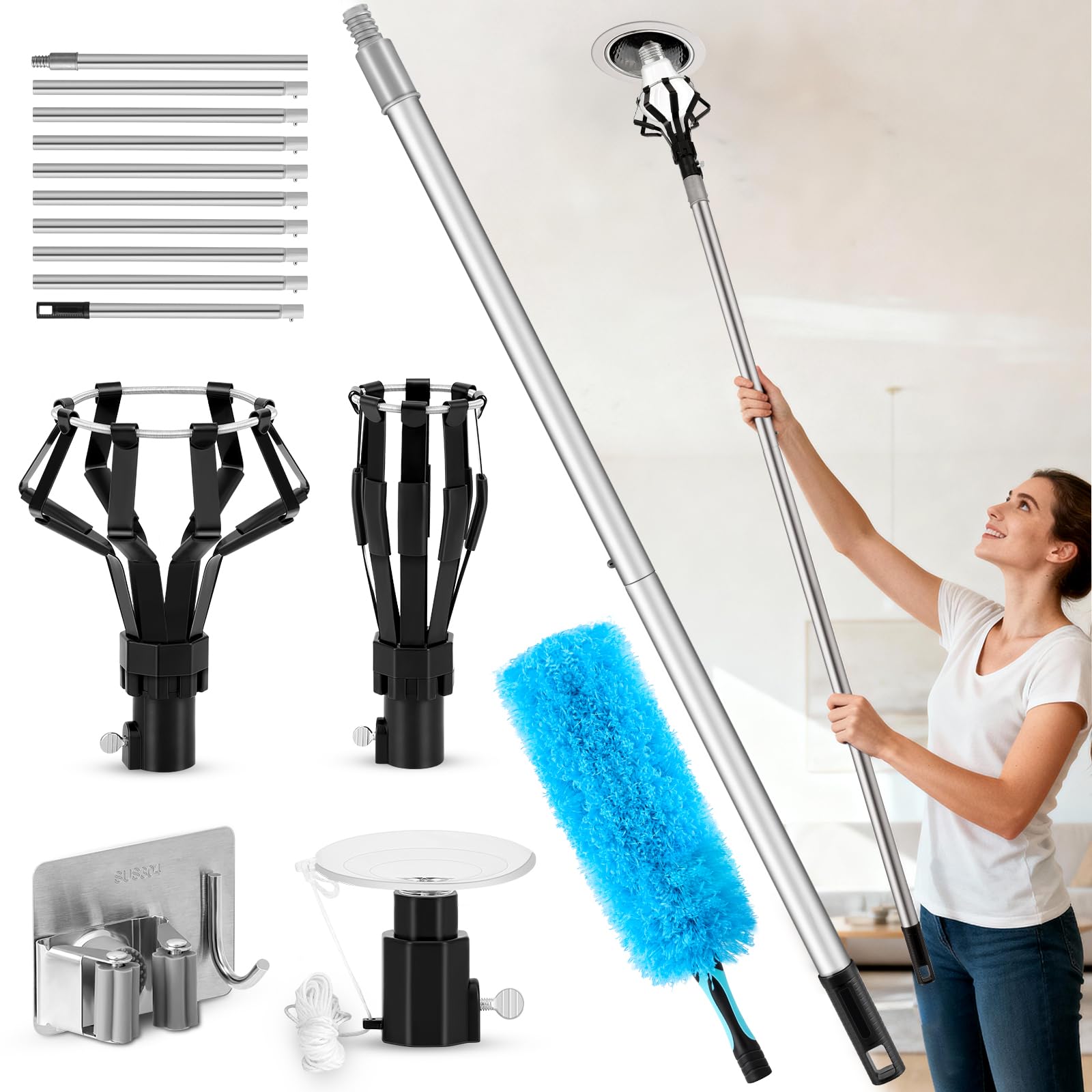 Farafox 12ft Light Bulb Changer for High Ceilings - Lightweight Lightbulb Extension Pole Light Bulb high Reach Remover Tool Kit with Baskets Suction Cup & Duster