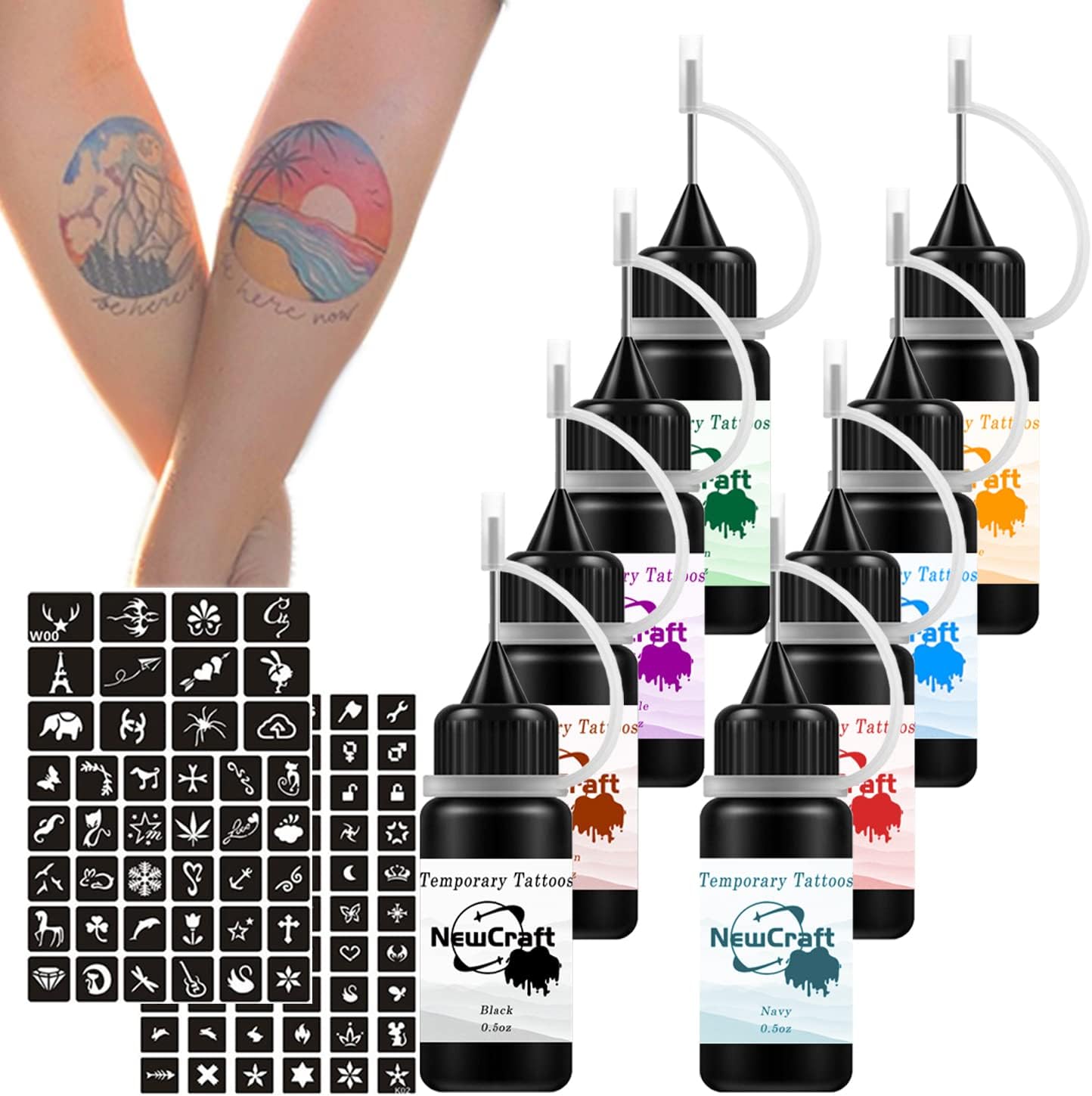 Temporary Tattoos Kit Jagua Tattoo Kit with 8 Colors Tattoo Inks, Freckles Jagua Gel for Body Art Markers, 102 Patterns Fake Tattoos stencils DIY for Men Women