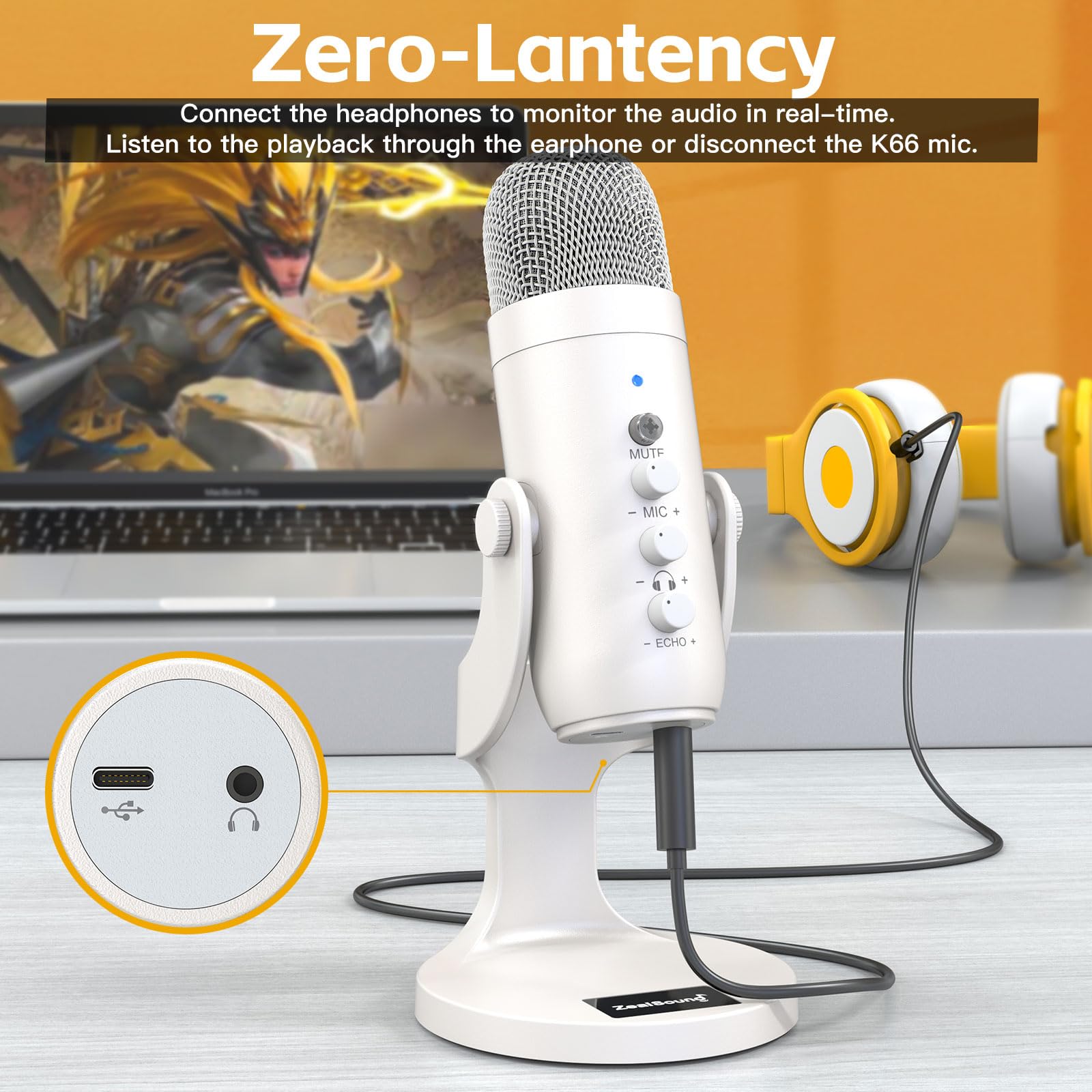 zealsound Micrófono de Condensador, Asmr micrófono, micrófonos Plug & Play para PS 4&5, Control de Ganancia de micrófono, botón de Silencio para TikTok, Podcast de Youtube en Mac y Windows, Perla