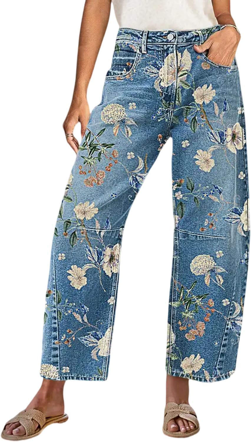 yoeasy Women's Baggy Barrel Jeans Casual Boyfriend Floral Printed Wide Leg Trendy Denim Ankle Pants