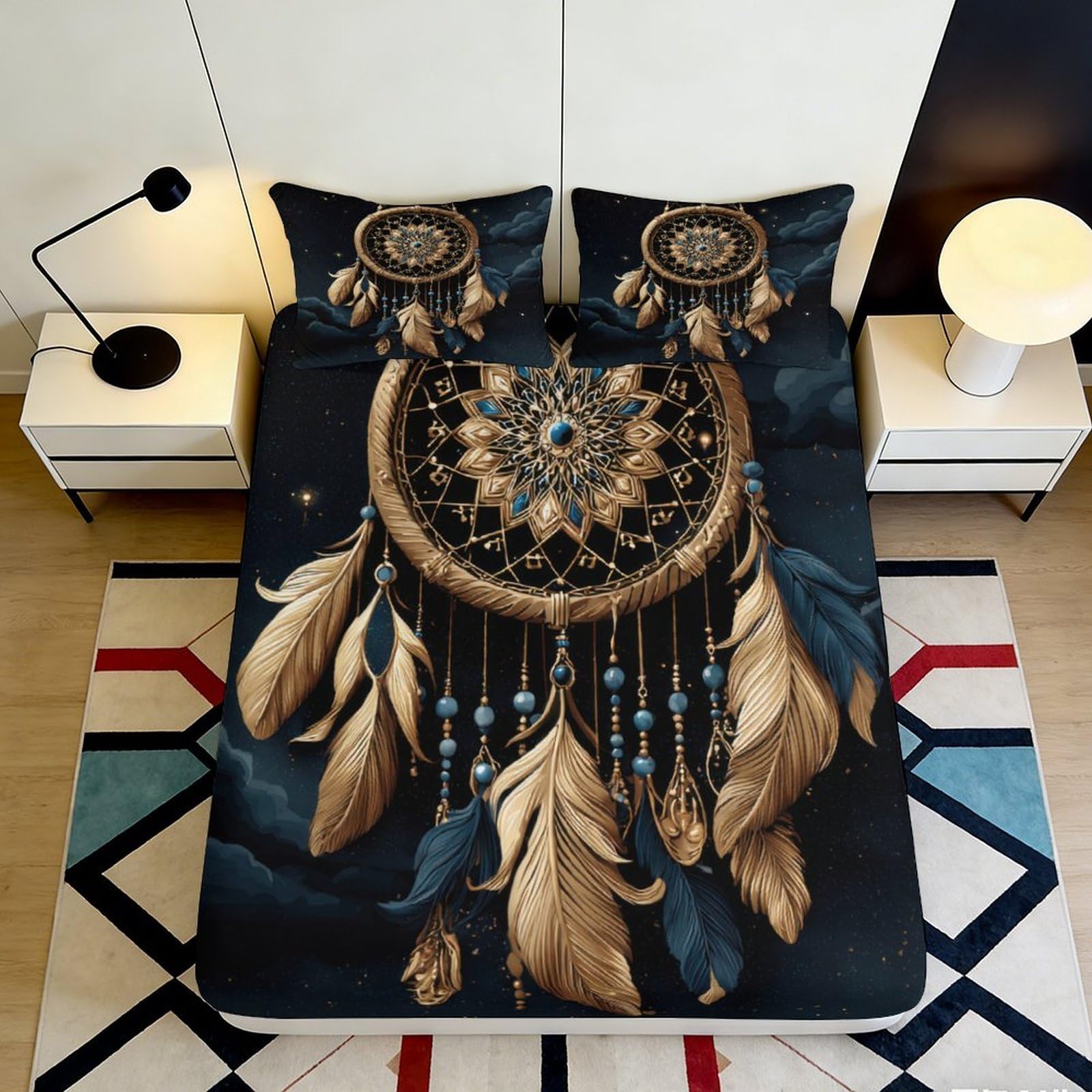 3D Printed Dreamcatcher Fitted Sheet Microfiber Soft Non-slip Boho Feather Bed Cover for Bedroom Dorm Mattress Decor 120x200x25cm