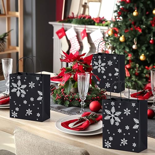 Miniatura 8 de Katfort Bolsas de regalo de copo de nieve a granel, 20 unidades, 8 x 3.7 x 9.4 pulgadas, bolsas de regalo negras con asa de tamaño mediano, bolsas