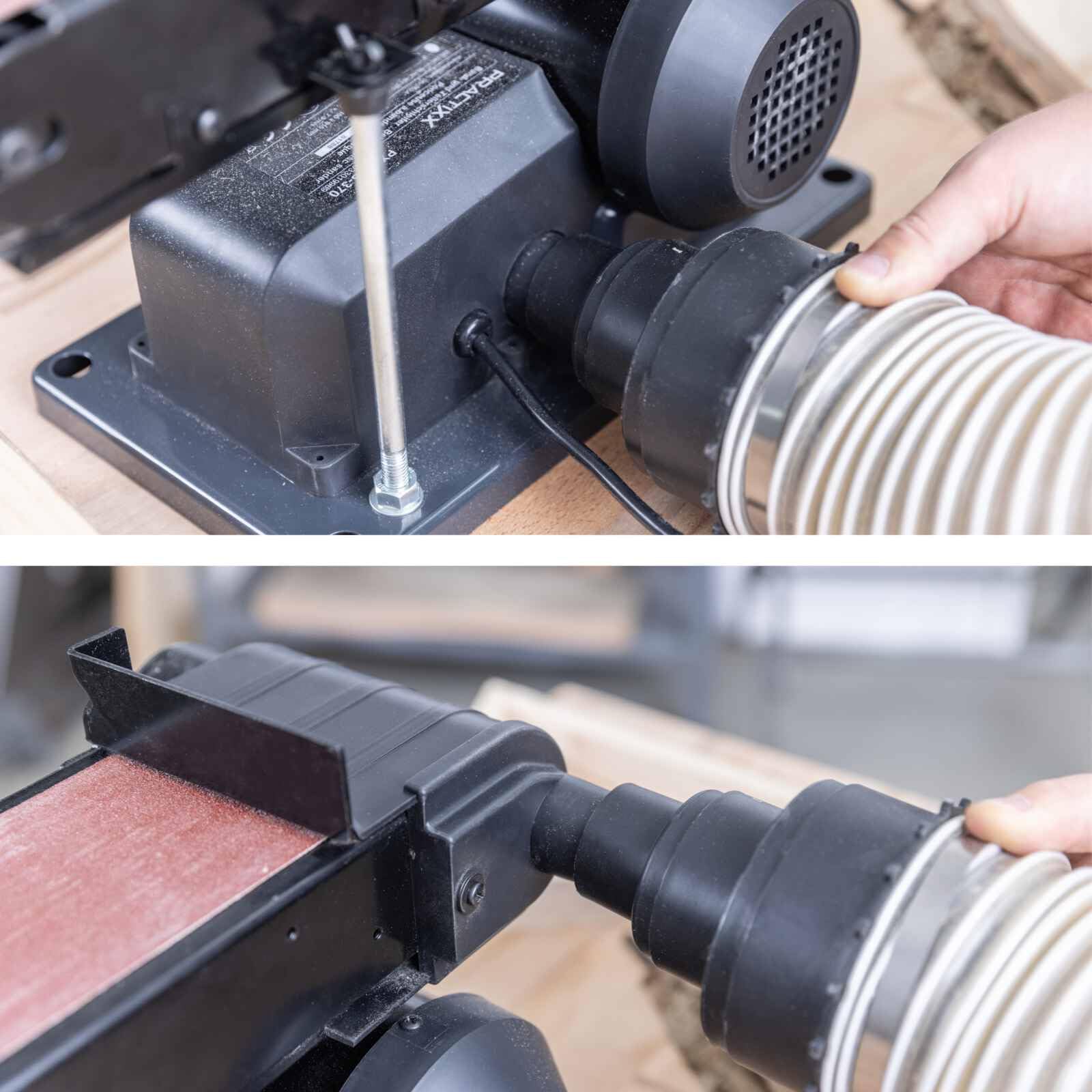 Practixx Band- und Tellerschleifer PX-BTS-370 Bandschleifer | 370W | Ø150mm Schleifteller | Bandlänge 100x915mm | Band-Speed 450m/min | Alu-Tisch & Queranschlag | Schleifmaschine mit 6-tlg Schleifset