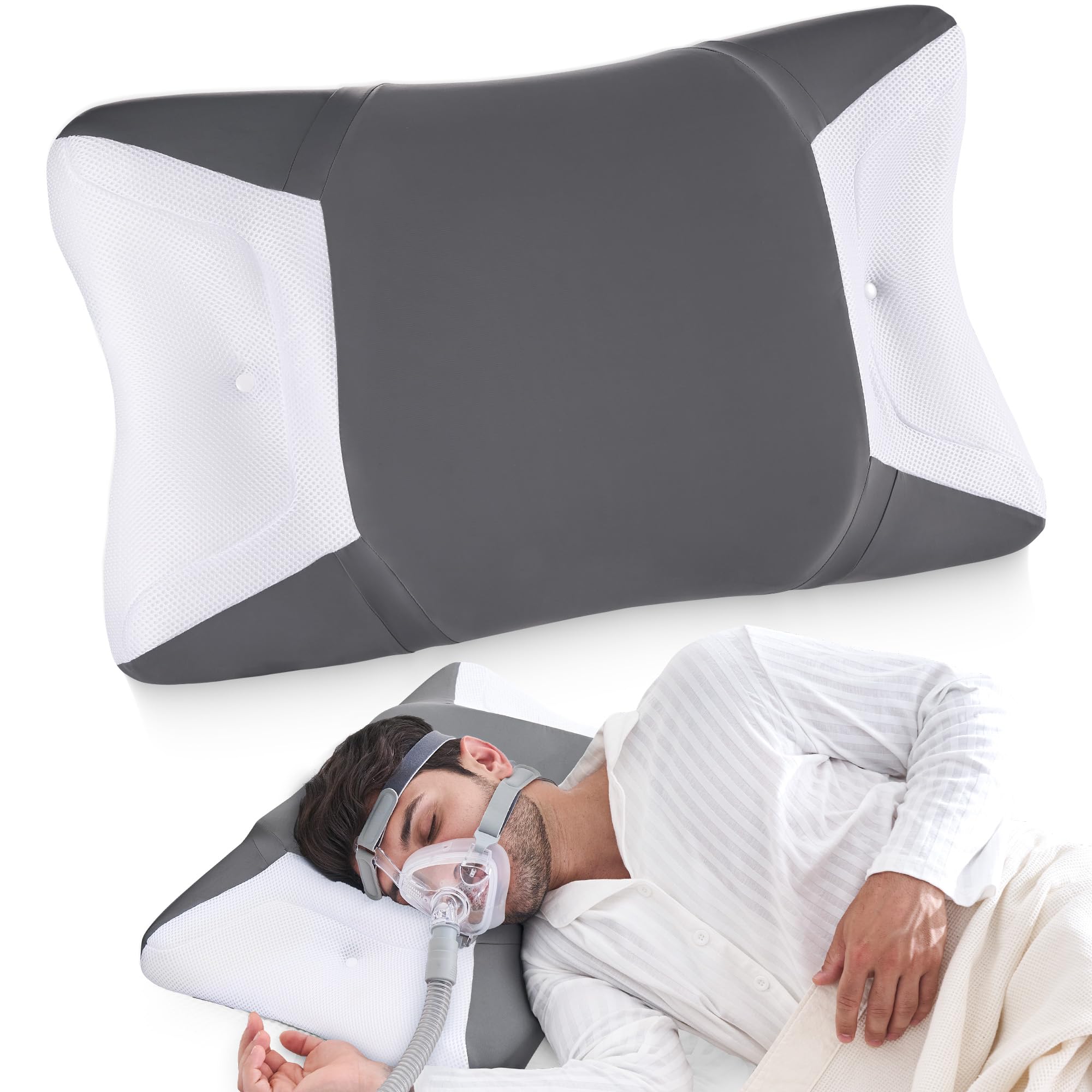 CPAP Kissen für Seitenschläfer & Rückenschläfer, Memory Foam Schlafapnoe Kissen für alle CPAP Masken, mit Breiten Aussparungen und Stützbereich, Reduziert Luftauslässe und Druck Maske, Kühlender Bezug