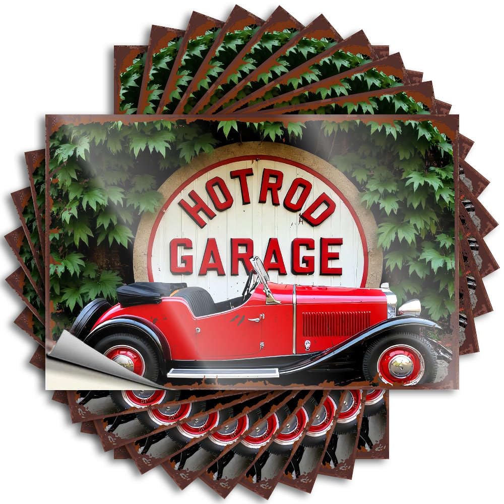Fzfn Boys Colour Goods, Tattoos Funny Tumbler Quote Stickers, Cats No Residue Decals For Luggage | Farmers Party Favor Custom Vintage Red Hot Rod Car In Front Of Hotrod Garage Sign(8X12cm)