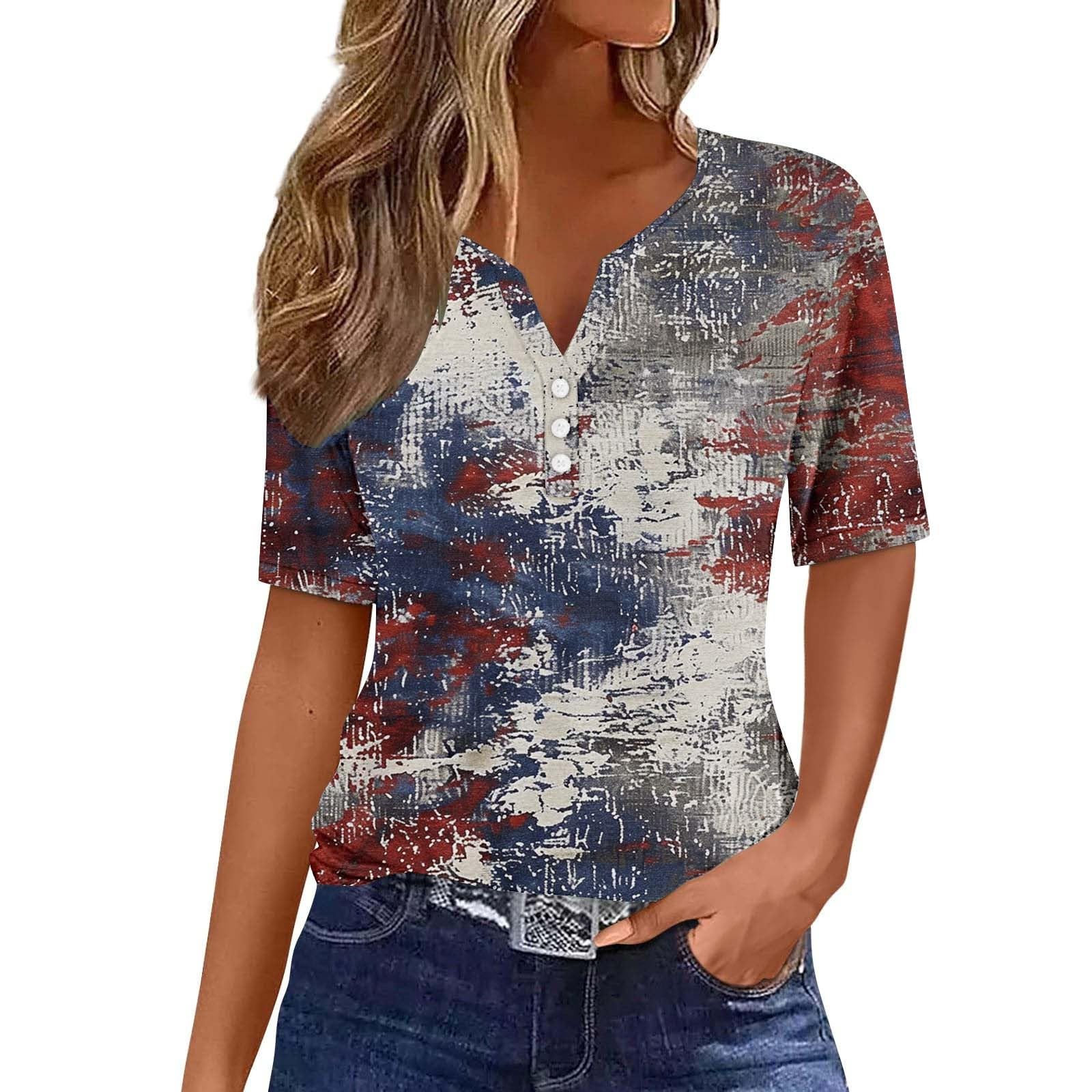 Women's Henley Shirts 4Th of July Independence 2025 Summer Graphic Tees V Neck Button Down Short Sleeve Casual Tops