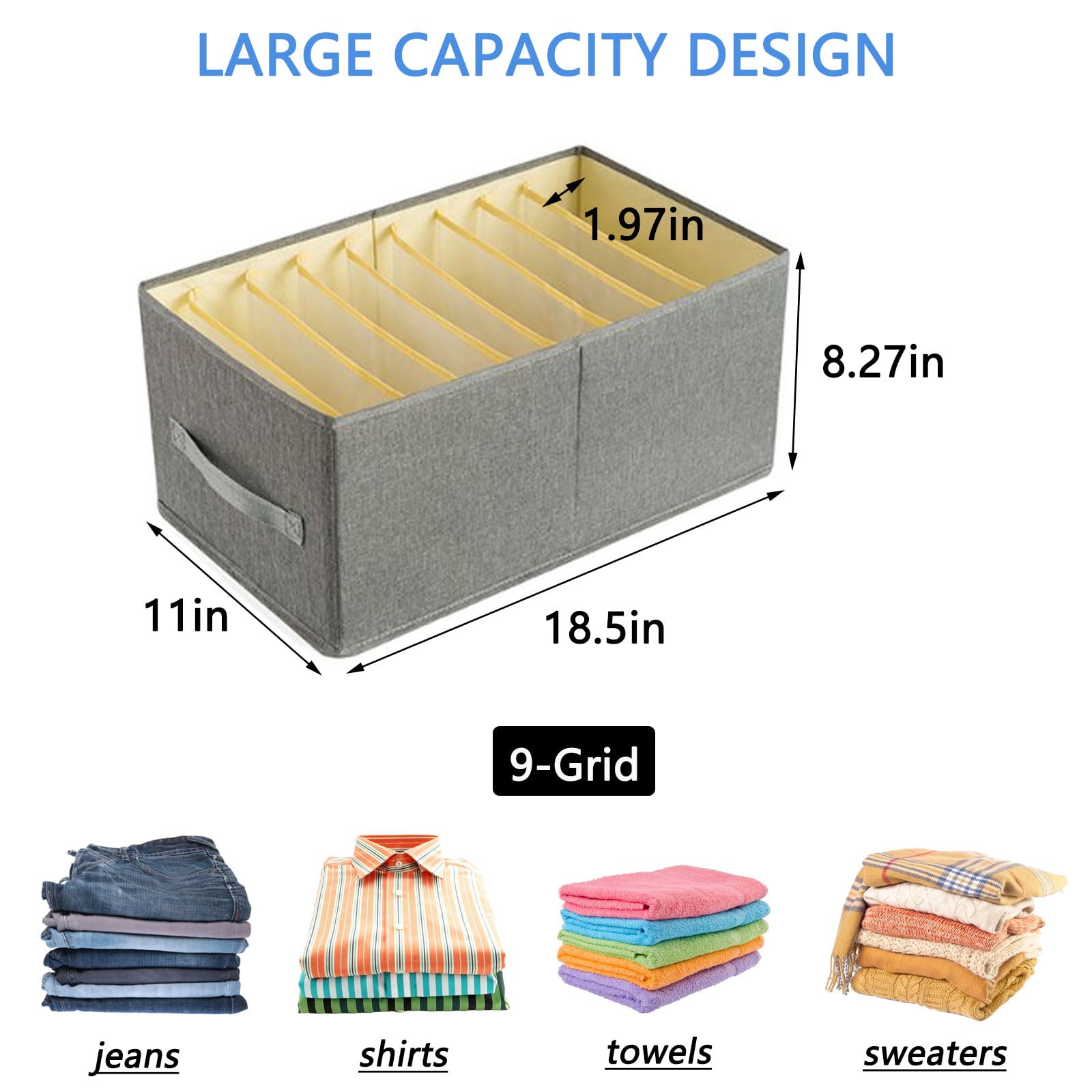 Typutomi 2Pcs Large Clothes Closet Organizer, 9 Grids Jeans Organizer Foldable Wardrobe Clothes Organizer with Handles for Clothes, Jeans, Sweater(Grey+Yellow)