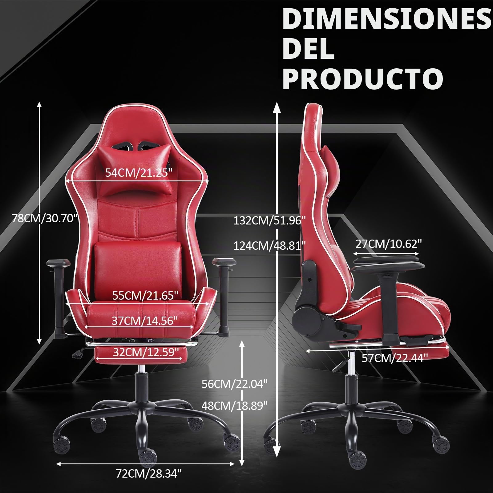Sillas Gaming con Reposapies, Silla Gamer Adulto con Respaldo Lumbar, Silla Escritorio Gaming Ajustable en Altura, Silla Ordenador en Piel Sintética, Gama Alta, Rojo