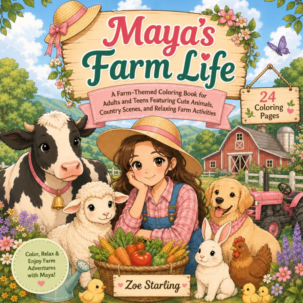 Maya’s Farm Life: A Farm-Themed Coloring Book for Adults and Teens Featuring Cute Farm Animals, Country Scenes, Barnyard Adventures, and Relaxing Rural Activities