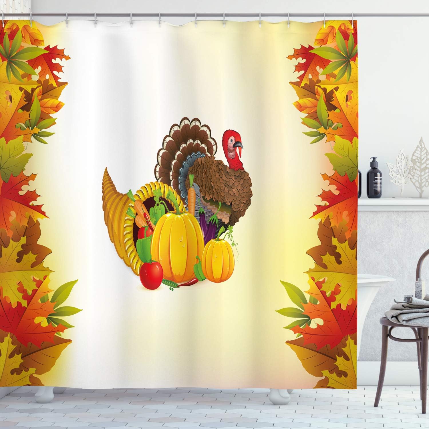 Ambesonne Turkey Shower Curtain, Cornucopia and Animal with a Beak Poultry Pattern Fall Season Fruits Autumn Leaves, Cloth Fabric Bathroom Decor Set with Hooks, 69" W x 84" L, Orange and Brown