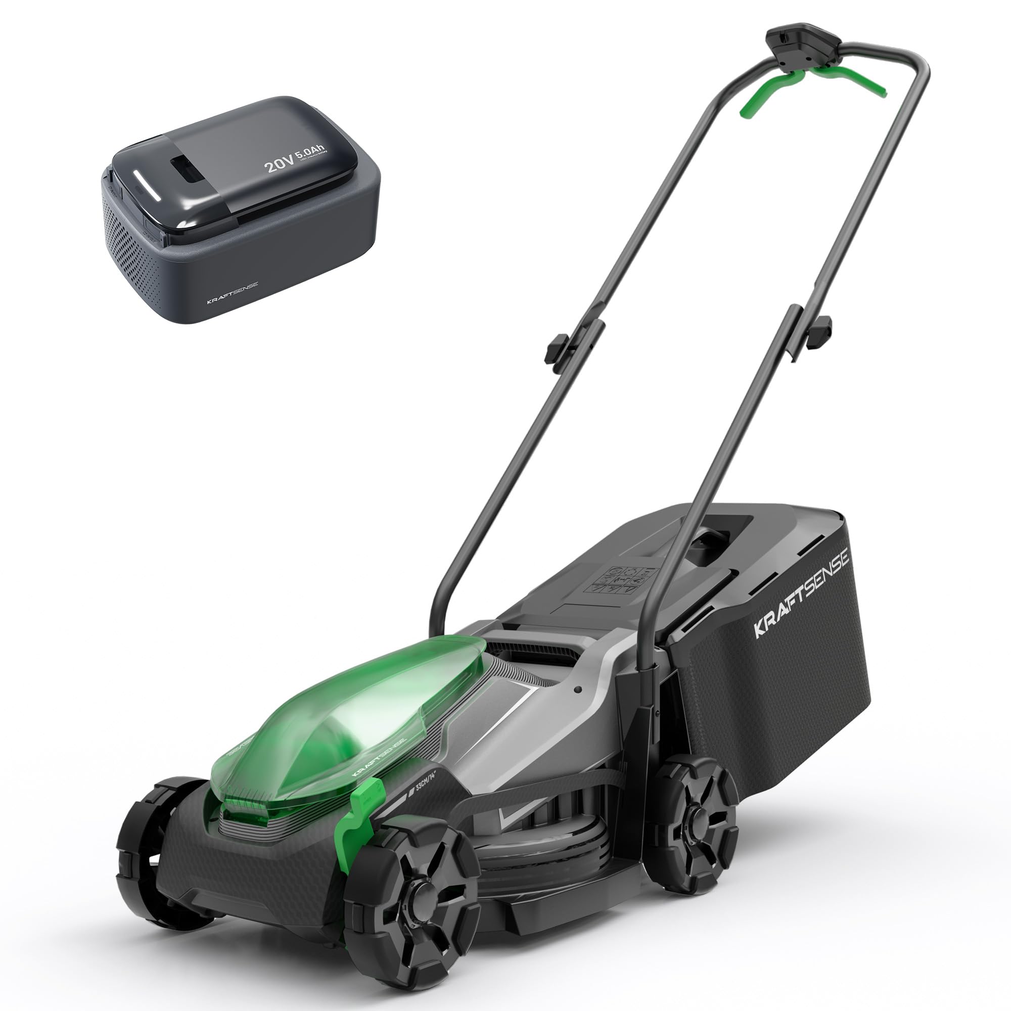 Akku-Rasenmäher für kleine Gärten, 33 cm Arbeitsbreite, bürstenloser Antrieb, 2-in-1 Mulchen & Fangen, mit 5,0 Ah Akkus für bis zu 300 m² pro Ladung, inkl. Typ-C-Ladekabel