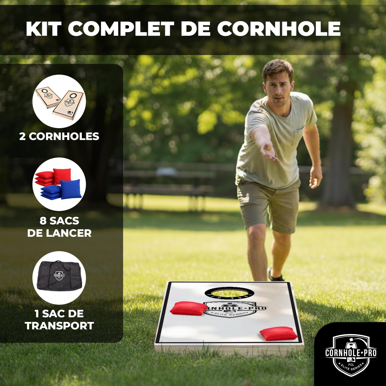 Cornhole Officiel – 90×60 cm – Plateaux Premium + 8 Sacs – Set Complet avec Housse de Transport – Jeu Extérieur Adulte pour Jardin, Plage, Camping – Original Corner