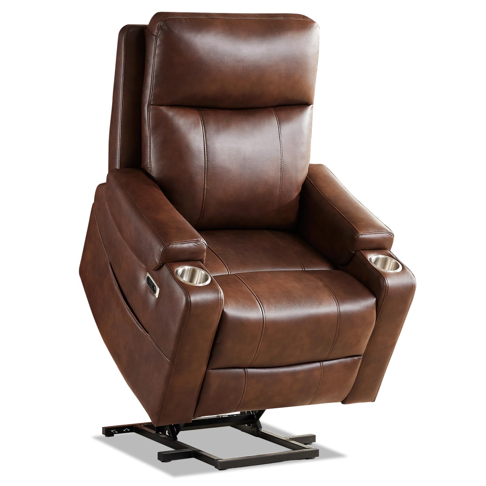 Eiayeebil Triple Motor Power Lift Recliner Chair with Adjustable Lumbar Support, Lay Flat Recliner for Elderly, Breathable Brown Leather Recliner, Lift Chair Massage & Heating, USB Ports, Cup Holders