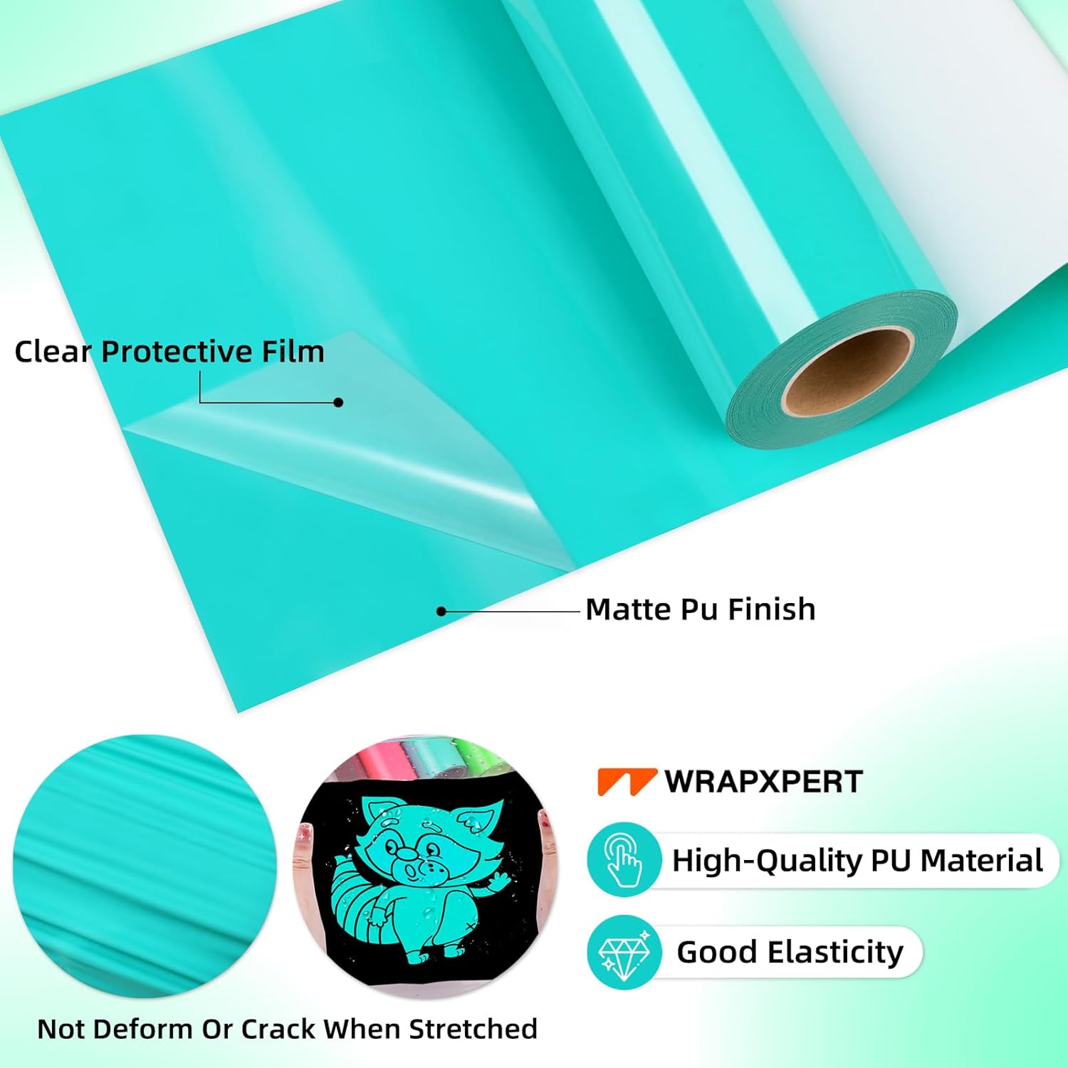 WRAPXPERT HTV Heat Transfer Vinyl Roll-12 x35ft Bright Teal Iron On Vinyl for Tshirts,HTV Big Roll Easy to Cut and Transfer for Heat Press Machine on Garments