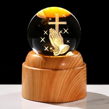 3D Praying Hands Crystal Ball with Rotatable LED Light Base, Christian, Religious Gifts for Women Friend Mom - 2.36 Sphere Engraved 3D Hand Holding A Cross Figurine Decor - Gift Boxed
