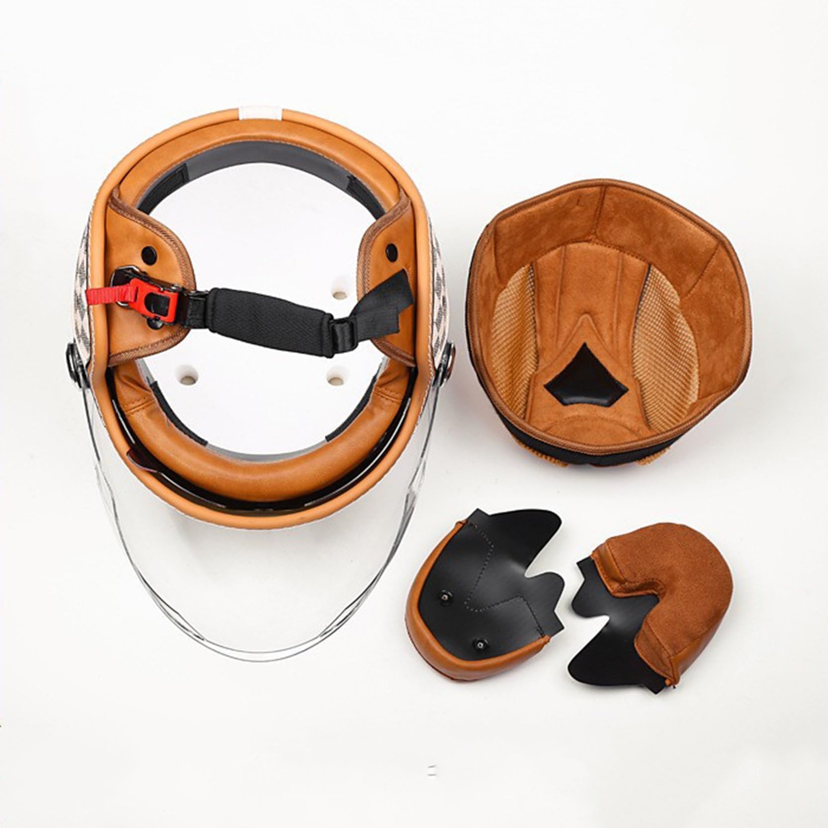 Casco Jet 3/4 Beige Donna, Casco Jet Moto in Pelle Retrò Omologato DOT/ECE, con Doppia Visiera, Casco Mezzo Viso Leggero for Scooter, Ciclomotore, Moto