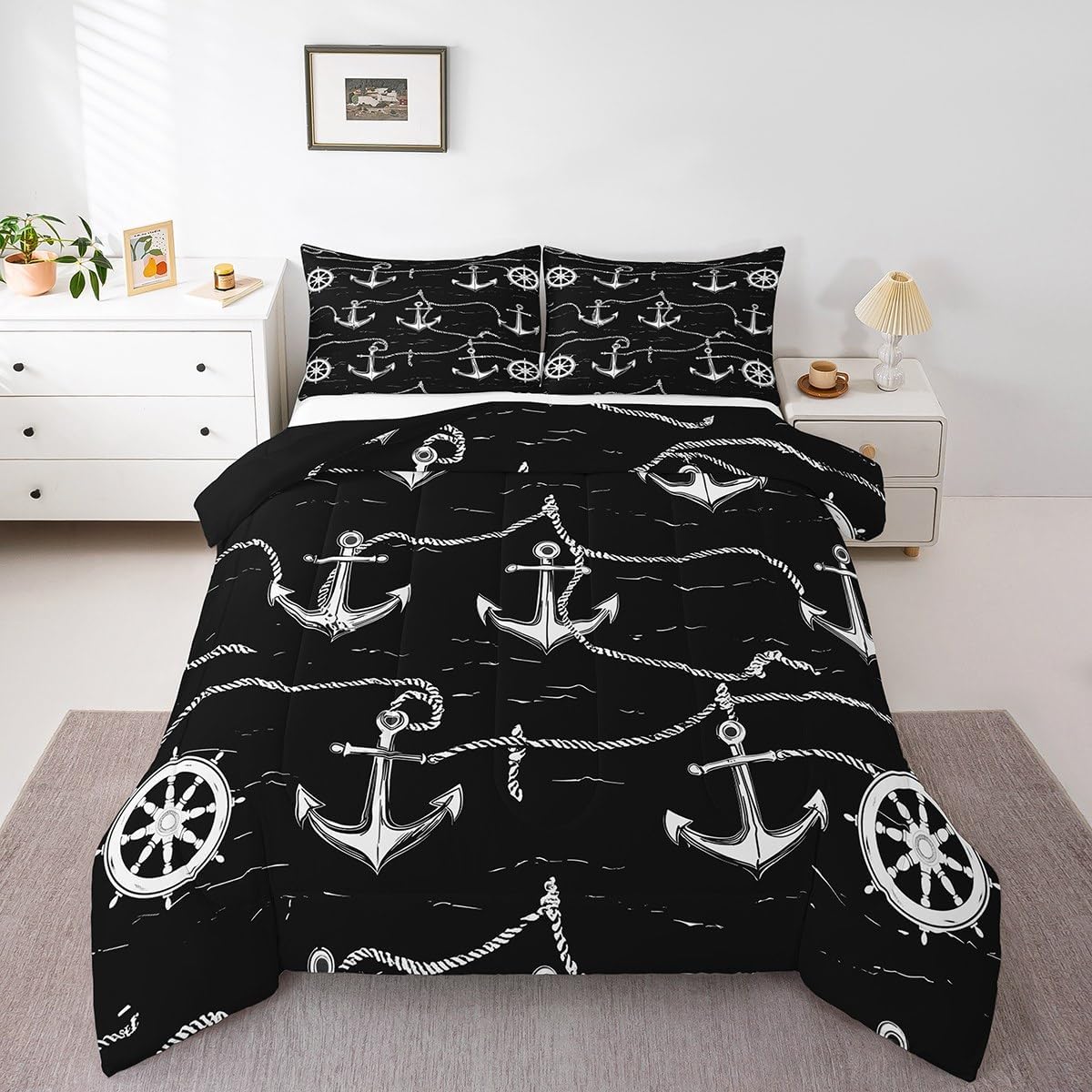Anchor Rudder Comforter,Black and White Bedding Set for Kids Girls Boys,Teens Adults Nautical Anchor Comforter,Navigation Theme Quilted Duvet Set Bedroom Collection Twin Size 2Pcs