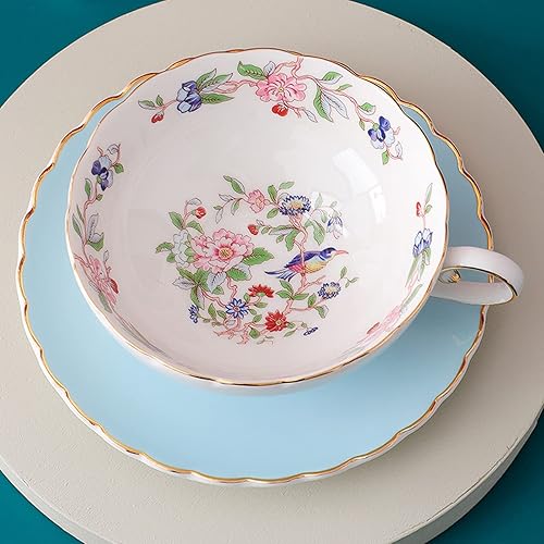 Miniatura 3 de fanquare Taza de té y platillo de porcelana floral, taza de café con flores rosadas, taza de té azul de la tarde con ribete dorado