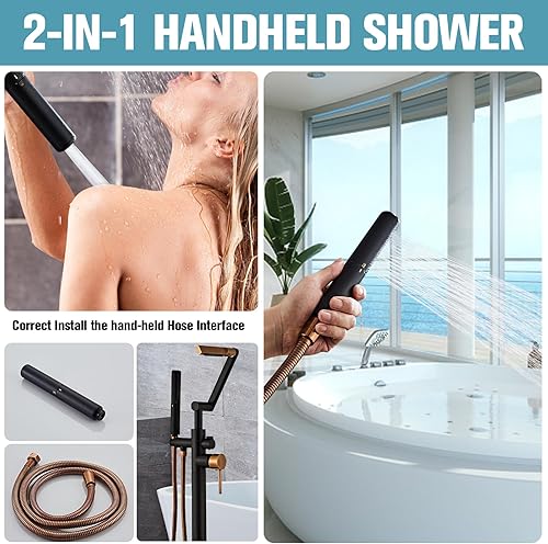 Miniatura 5 de Grifo de bañera independiente negro mate, relleno de bañera de cascada de alto flujo de 360 grados, grifo de ducha de pie con asa, grifo mezclador