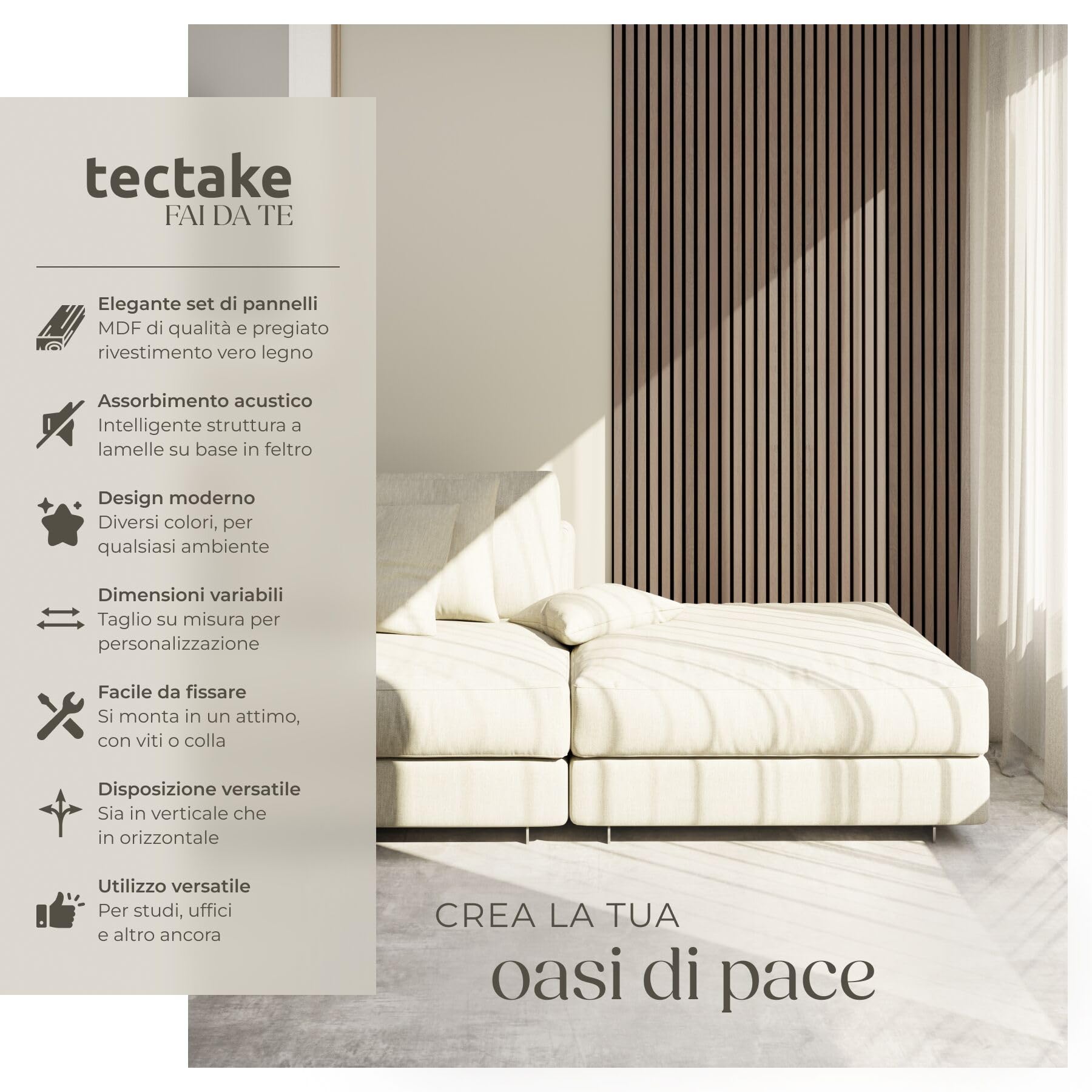 tectake® Set di 2 Pannelli Acustici Effetto Legno, 110 x 50 x 1,8 cm, Pannelli Fonoassorbenti Decorativi per Pareti, Set x2 Pannello Fonoassorbente Soffitto, 2 pz Pannello Murale - Rovere Scuro