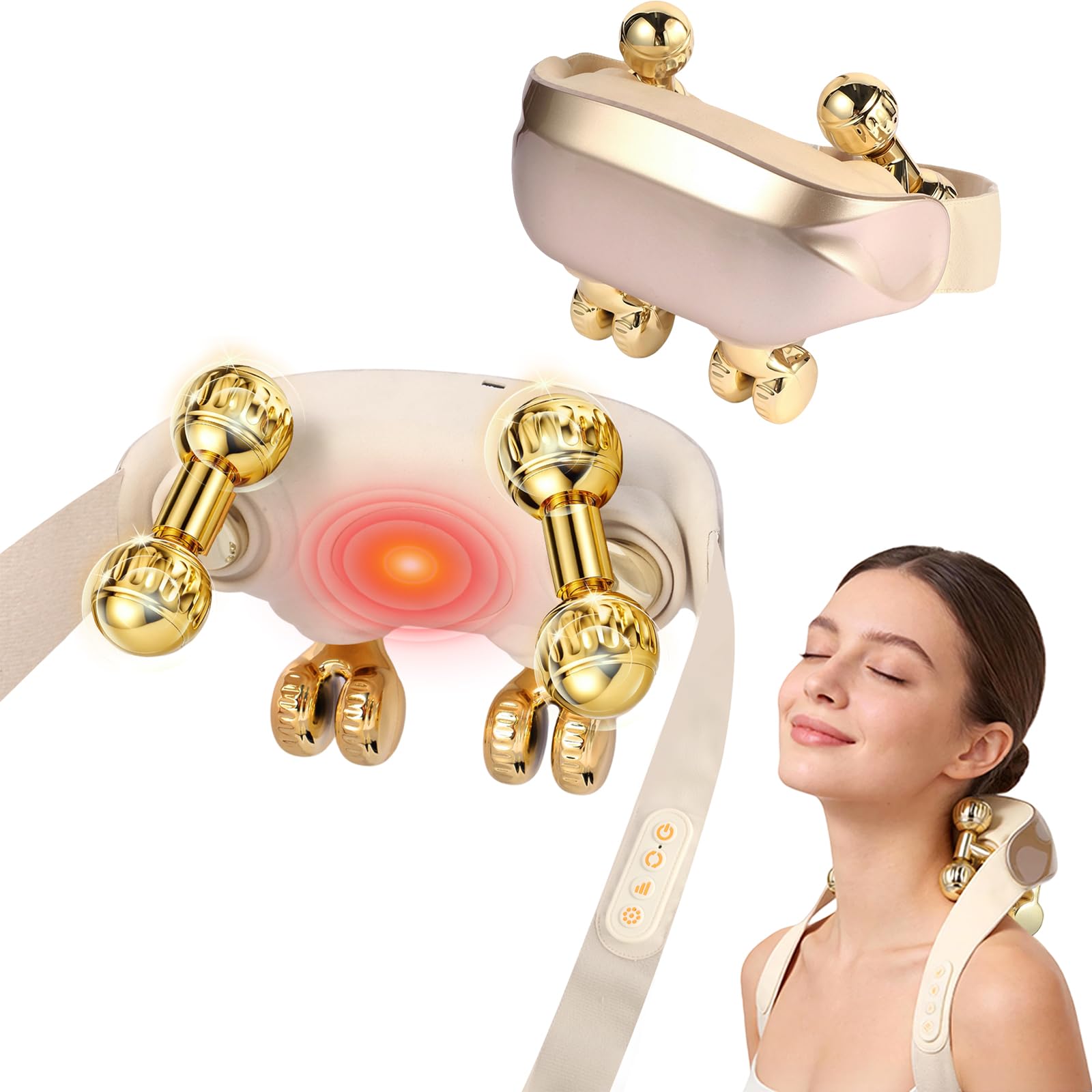 Neck and Shoulder Massager with Heat - Elegant Champagne Gold Massager with 4D Human-Like Shiatsu Grasping Hands-Free Design