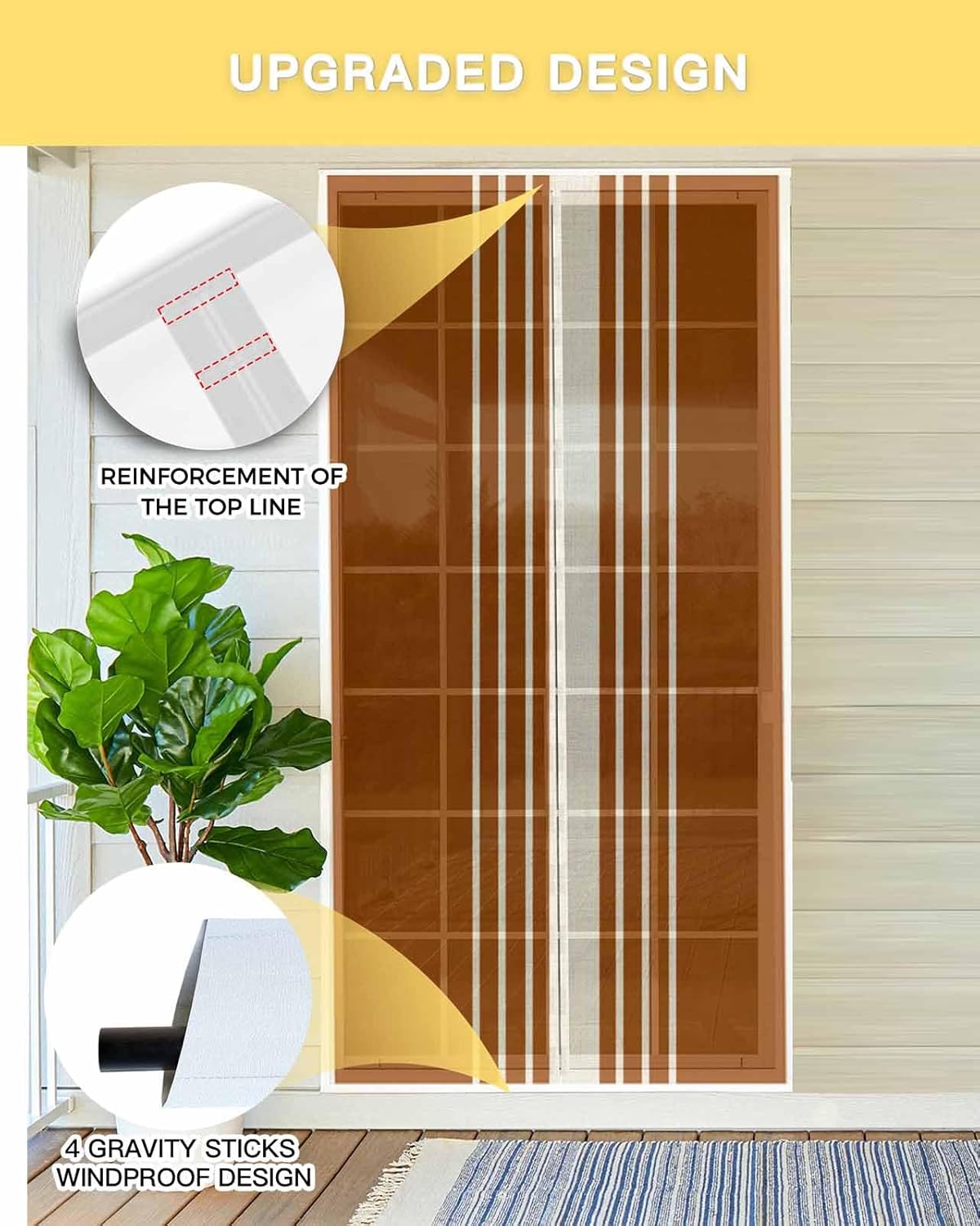 Burnt Orange Beige Striped Magnetic Screen Door, Modern Farmhouse Retro Lines Hands Free Screens Mesh Size 38" x 83", Reinforce Heavy Duty Mesh Screen Doors for Patio/Front/Sliding Door