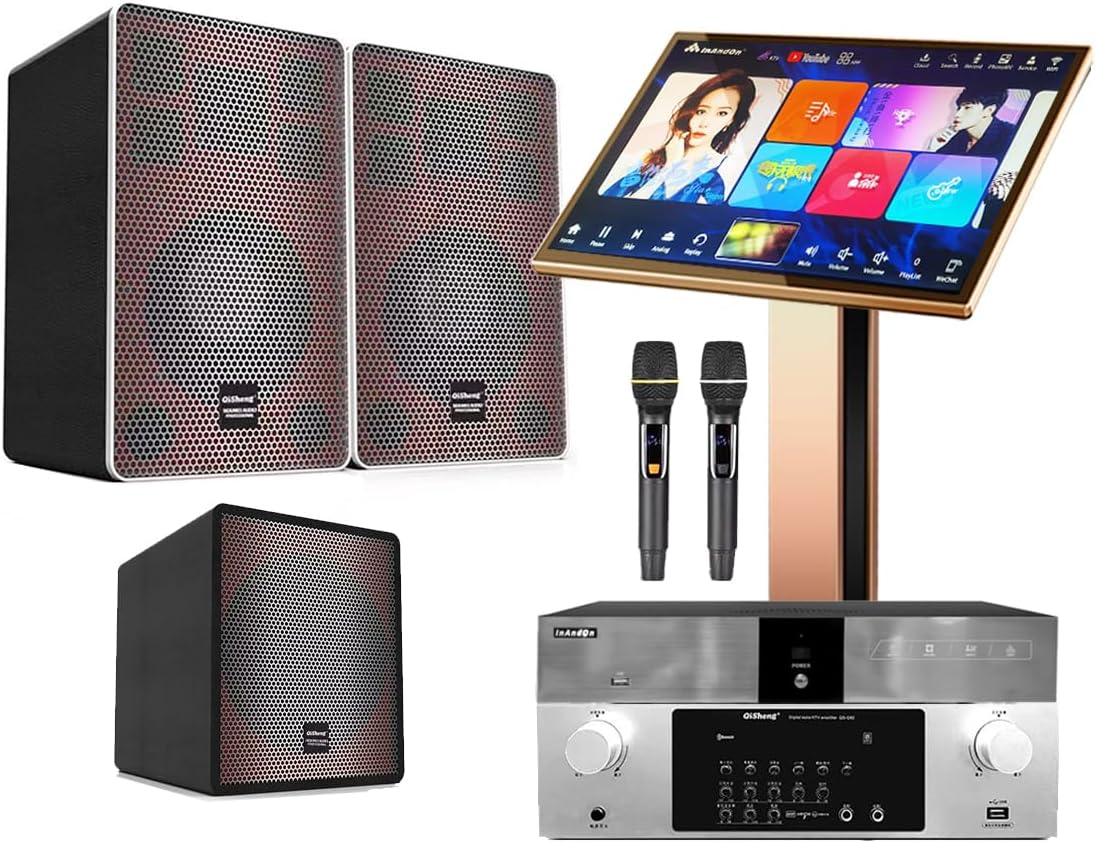 TSRINBQ82 4TB 90K 22" Karaoke Player Intelligent Voice Keying Machine Online Movie Dual System Coexistence Real Time Score 22" Touch Screen Professional Speaker Amplifier Subwoofer Home Set