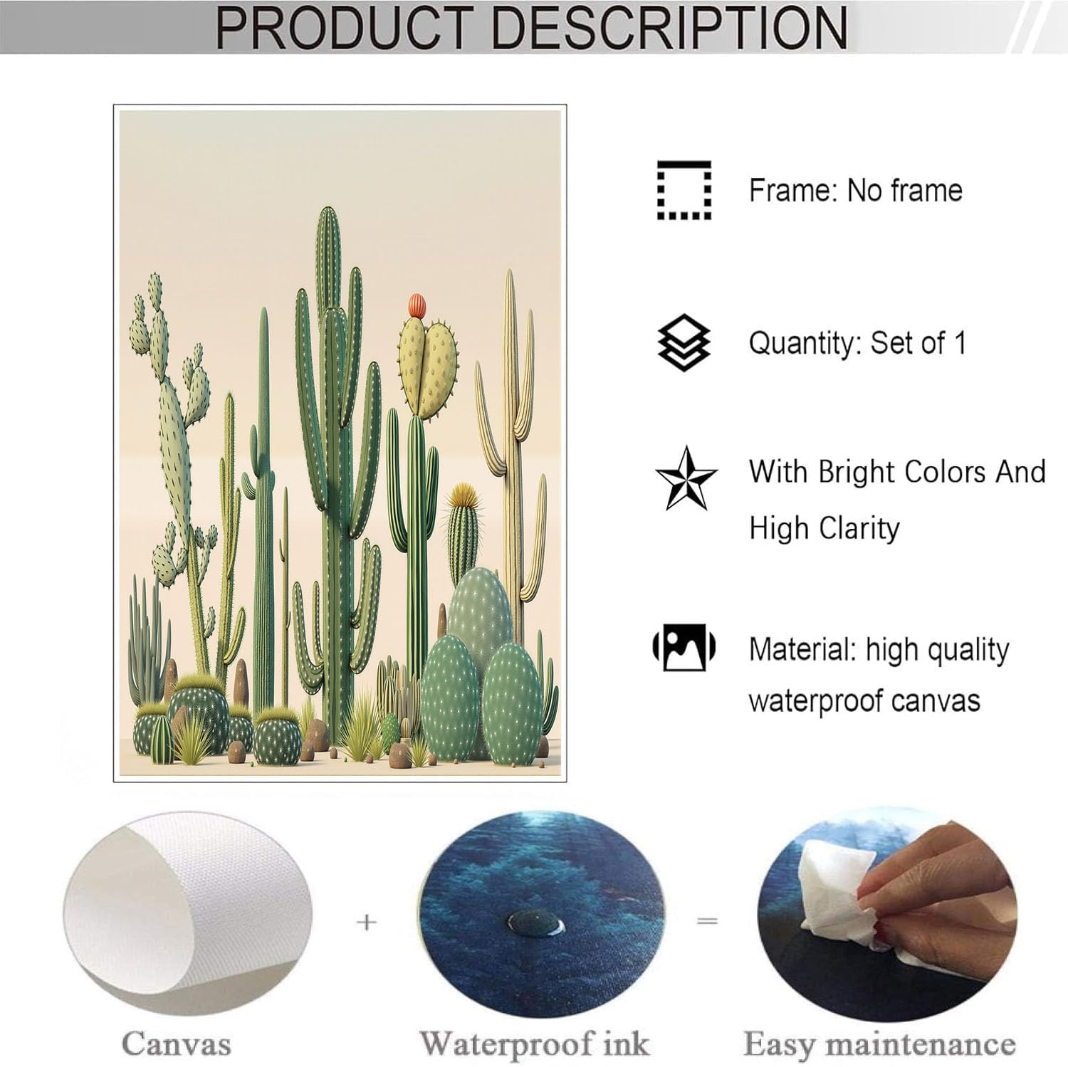 CDXNORA Impression sur Toile Plantes Illustrations, Vert Tableau Murale, Désert Cactus Photo sur Toile Tableau Decoration Murale, Pour Salon Couloir Salle de Bains WC, 60x80 cm