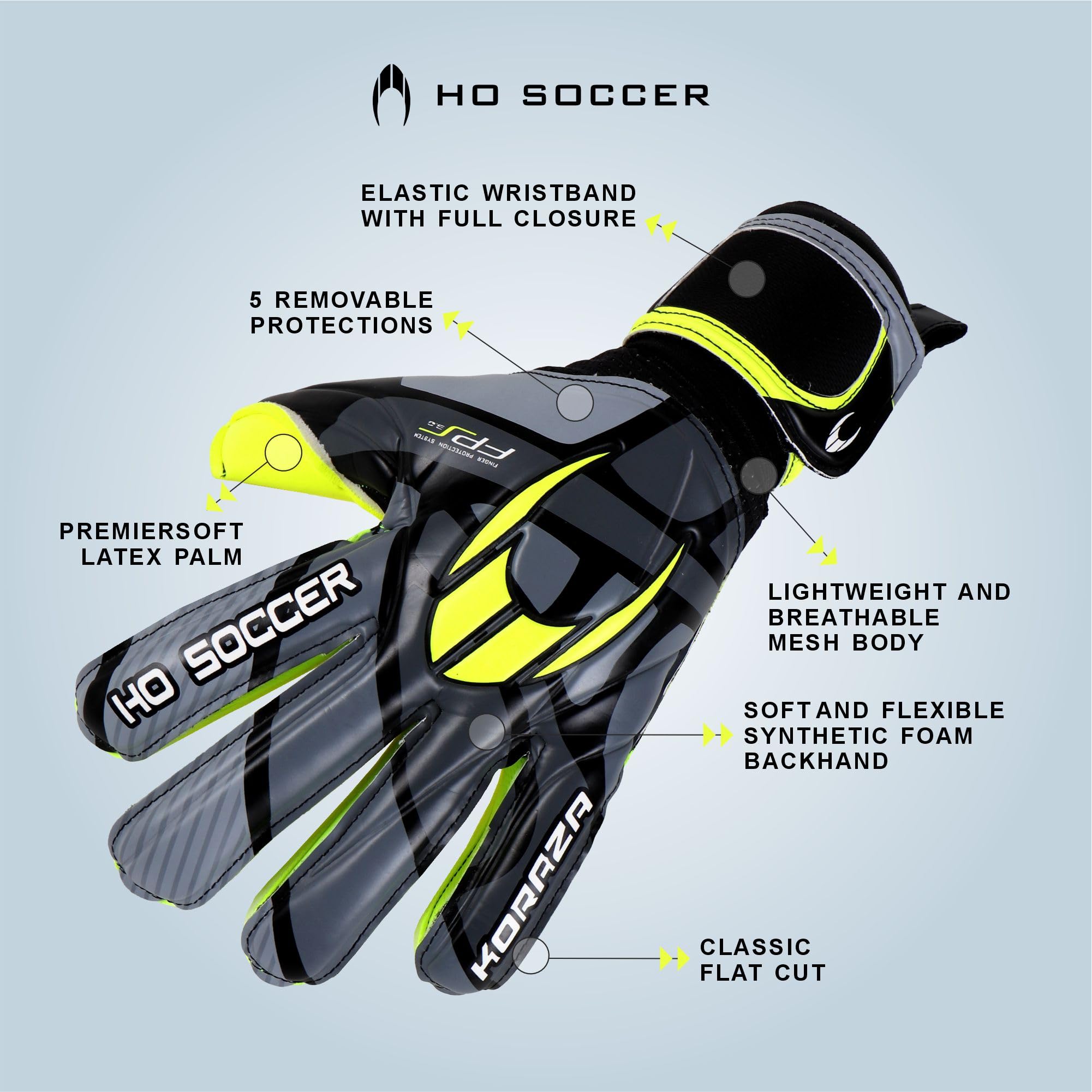 Guantes de Portero KORAZA HO Soccer con Protección Dedos Extraíbles Gris Lima