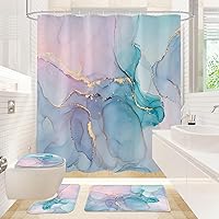 Gibelle 4PCS Blue Pink Marble Shower Curtain Set with Non-Slip Bath Rug, Toilet Lid Cover & Mat - Waterproof Bathroom Decor
