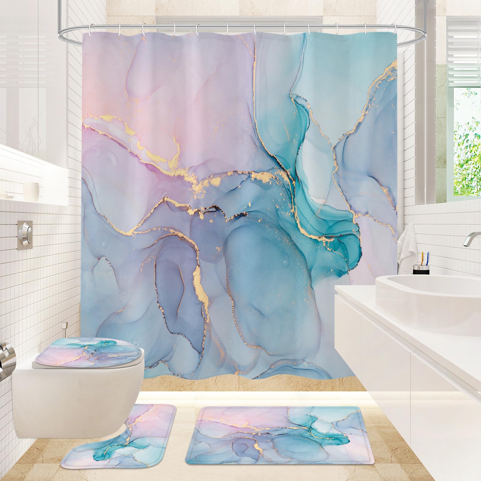 NTETSN Purple Rose Shower Curtain Set - 4 Pc With Rugs, Mat & Lid Cover, 72x72 Inches - View #8