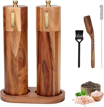 2 Pack Acacia Wood Salt and Pepper Grinder Set, 8-Inch Manual Refillable Mills with Adjustable Coarseness, Ceramic Core, Includes Brush and Spoon, for Kitchen, Tableware, Birthday Gifts