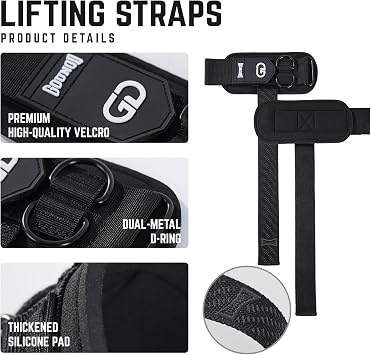 GOUNOD Lifting Wrist Straps, Double D-Ring Non-Slip Grip with Silicone Padded Wrist Support, Heavy Duty Comfortable Straps for Weightlifting, Deadlifts, Pull Ups, Cable Machines, Gym & Bodybuilding
