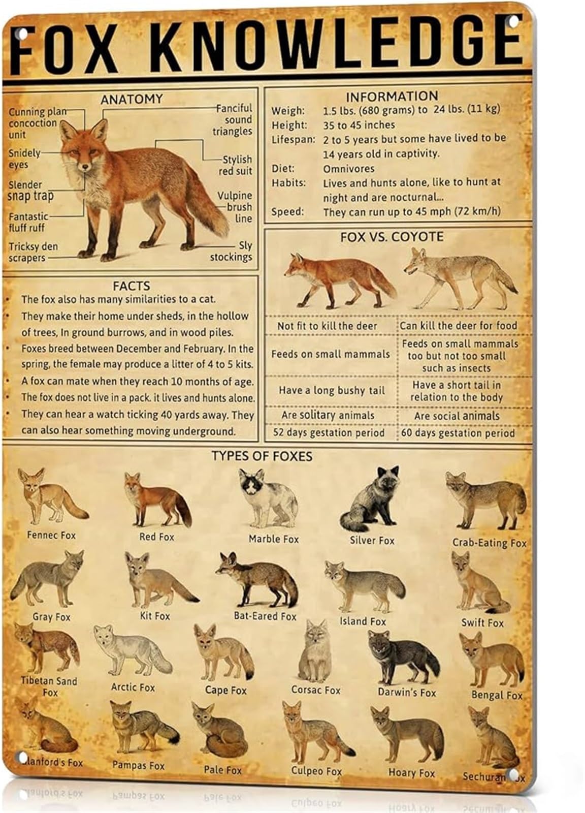 MQXFCZUX Bar Club Home Farmhouse Hunting Vintage Metal Tin Sign Fox Knowledge Wall-Art Decor 8 X 12 in