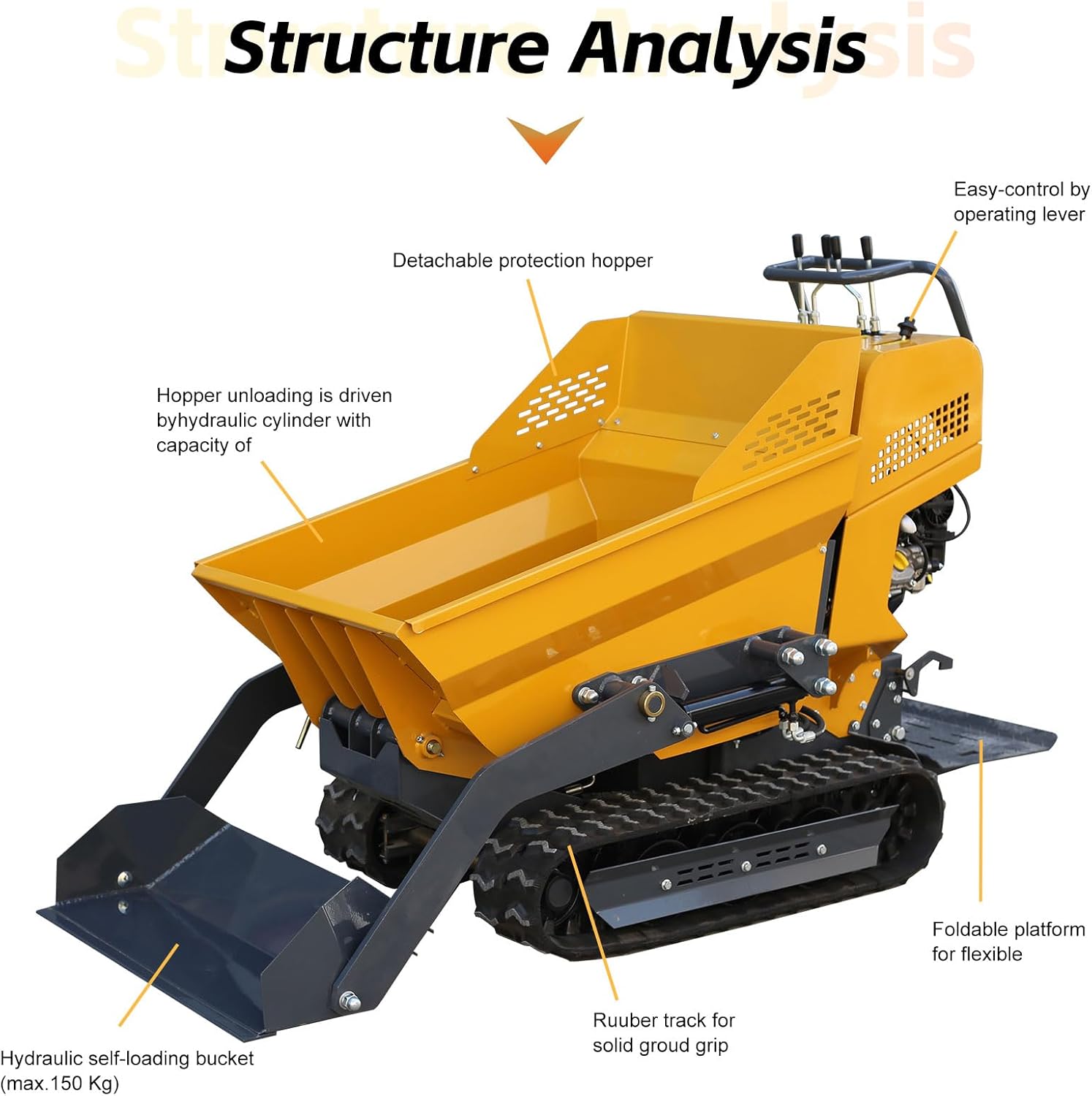 MMS 1100Lbs Capacity Track Wheelbarrow 208cc 6.5HP RATO Engine Tracked Dumper with Front Shovel/Hydraulic Dumping, Material Hauler, Garden Dump Cart
