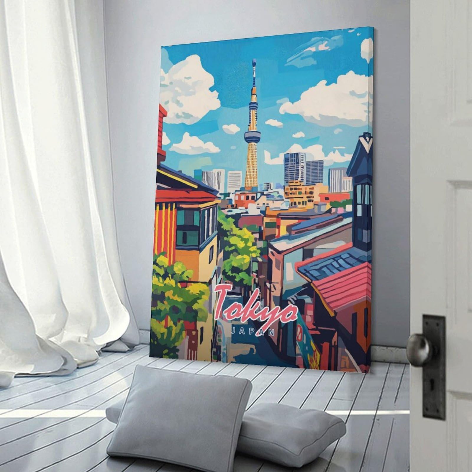 Junmoney Hanging Wall Art Tokyo Skyline Painting, 20x30inch(50x75cm), for Work Areas, Reading Rooms Or Studios, Wall Art That Adds Style to Work Areas
