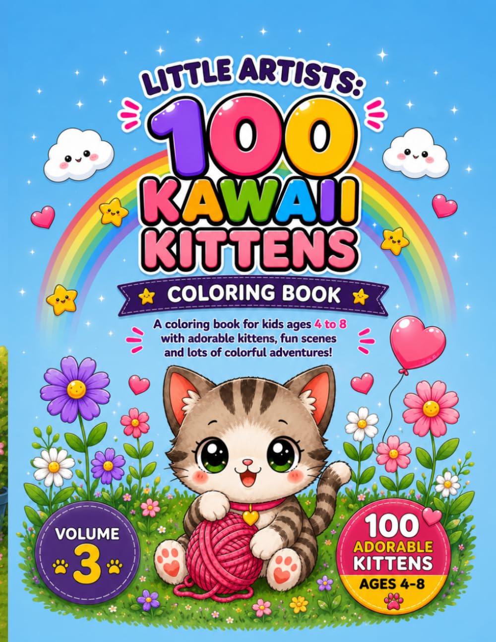 100 Kawaii Kittens Coloring Book: Cute Kittens, Fun Adventures and Easy Coloring Pages for Kids Ages 4–8 | Volume 3 (Little Artists Coloring Books)