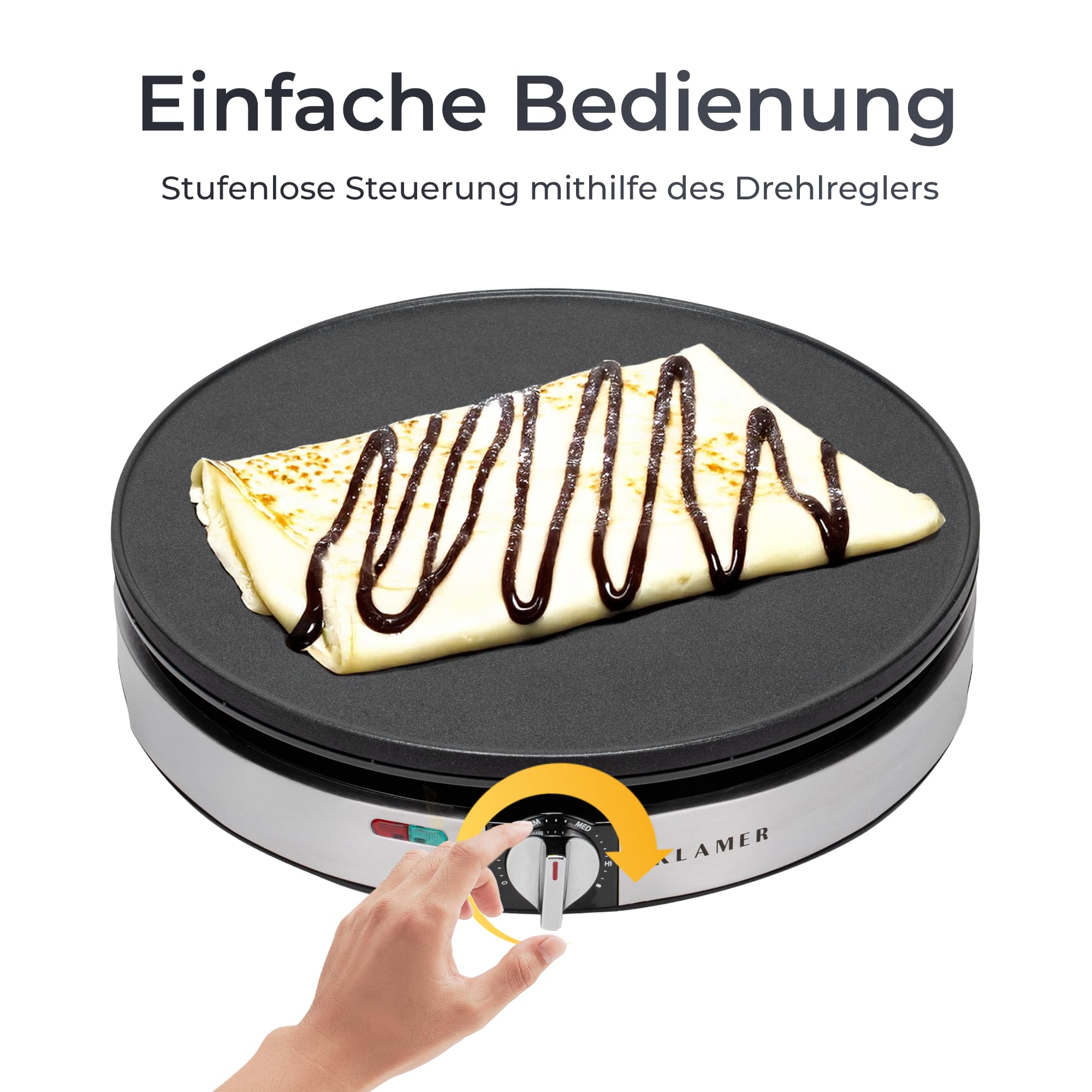 KLAMER Crepes Maker, Backfläche mit 30cm Ø, antihaftbeschichtete Platte, inkl. Teigverteiler und Wender aus Holz, Crepes Eisen für Crepes, Pancakes & Tortilla, 1400W