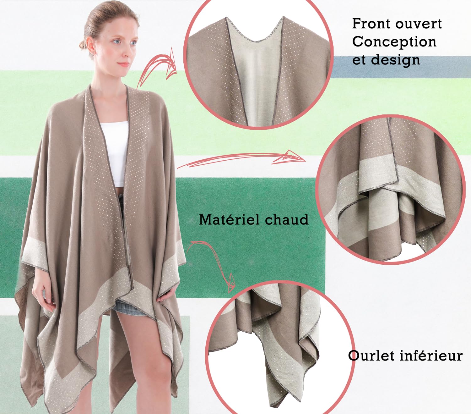 Shmily Girl Poncho Femme Hiver Élégant Châle Femme Chaud Poncho Cape Réversible Écharpe Châle Hiver Automne Poncho Châle Ouvert Cape pour Femme