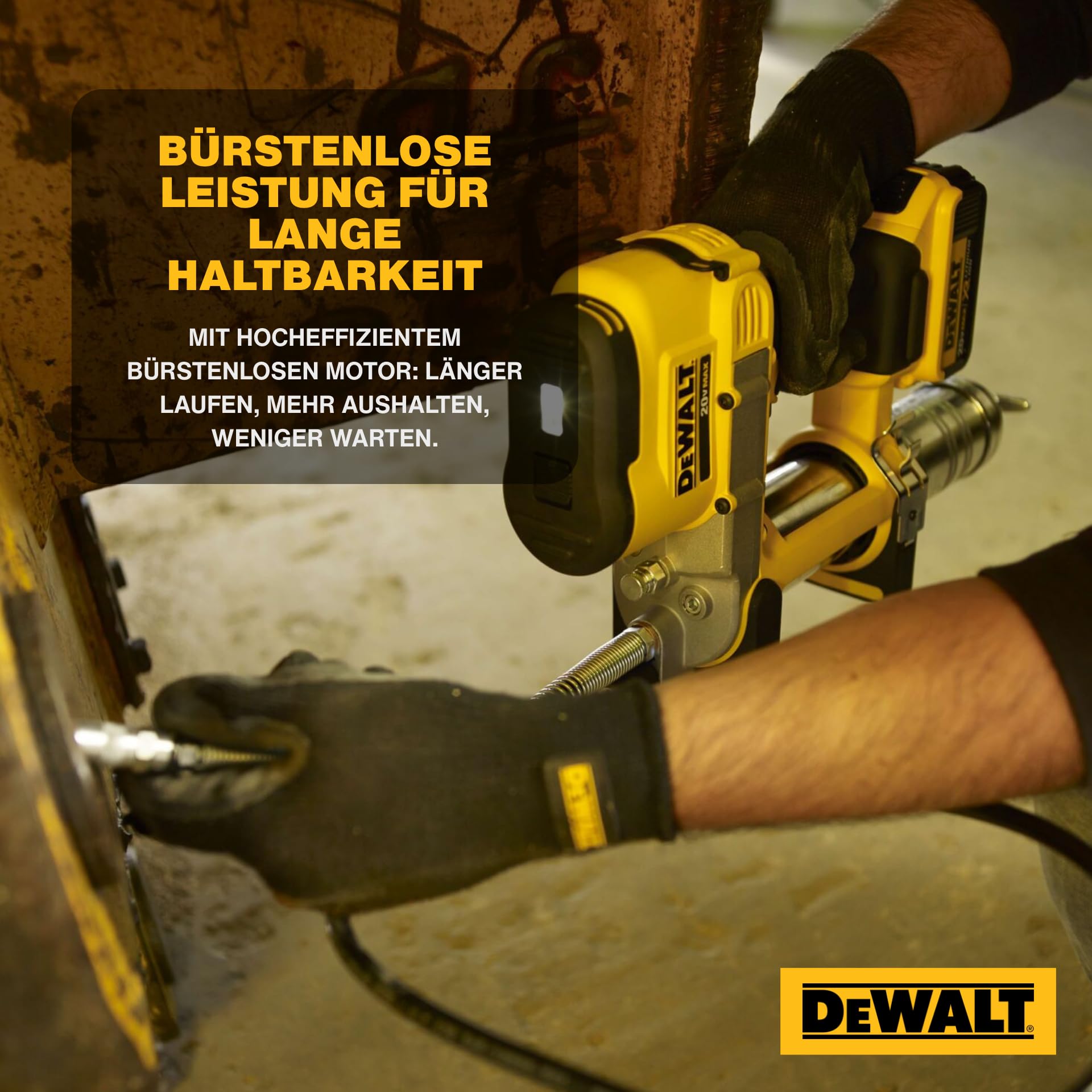Dewalt 18 Volt Akku-Fettpresse DCGG571M1 (690 bar Arbeitsdruck, Fassungsvermögen: 400 gr. mit Kartuschen u. 473 gr. Aus Gebinden, 1 m Schlauch, inkl. 18 Volt 4 Ah Li-Ion Akku und Ladegerät, Koffer)