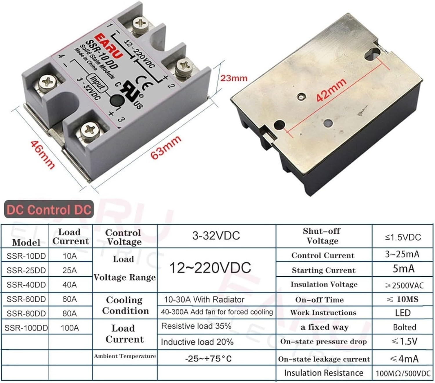 SSR-10DD SSR-25DD SSR-40DD SSR 10A 25A 40A Solid State Relay Module DC3-32V Input to DC12-220V DC Control Voltage Transformer(SSR-10A)