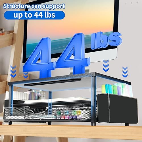 Miniatura 6 de AUPSEN Soporte elevador de madera para monitor de computadora, organizador de escritorio negro de 2 niveles con cajón, almacenamiento para