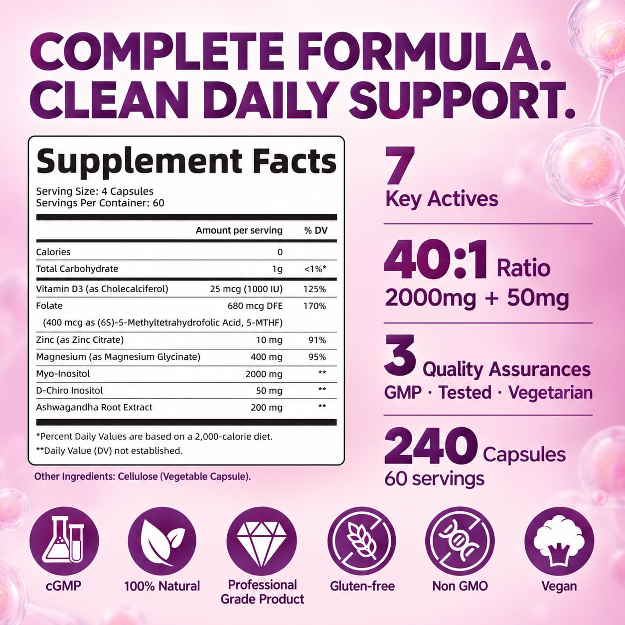 7-in-1 Myo-Inositol & D-Chiro Inositol Supplement for Women, 240 Vegan Capsules, Ideal 40:1 with Folate, D3, Zinc, Magnesium, Ashwagandha for Hormonal Balance, Calm Mood, Ovarian Support, Non GMO — Amazon image 6