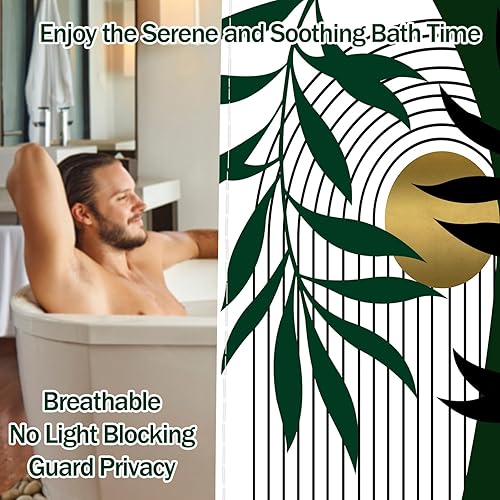 Miniatura 8 de Cortina de ducha verde oliva y dorado, cortinas de ducha bohemias modernas de mediados de siglo para decoración de baño, tela impermeable con