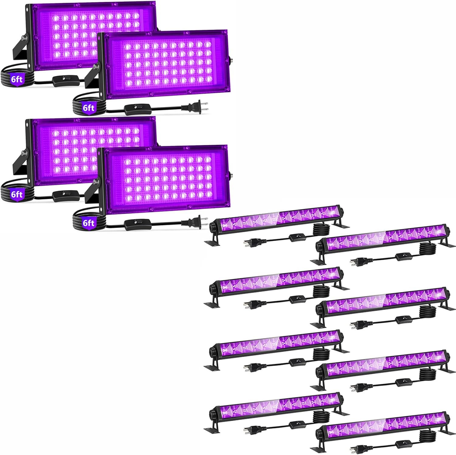 50W Black Lights with Switch+Plug 4 Pack + 8 Pack 40W LED Black Light Bar with 6FT Cord and Switch