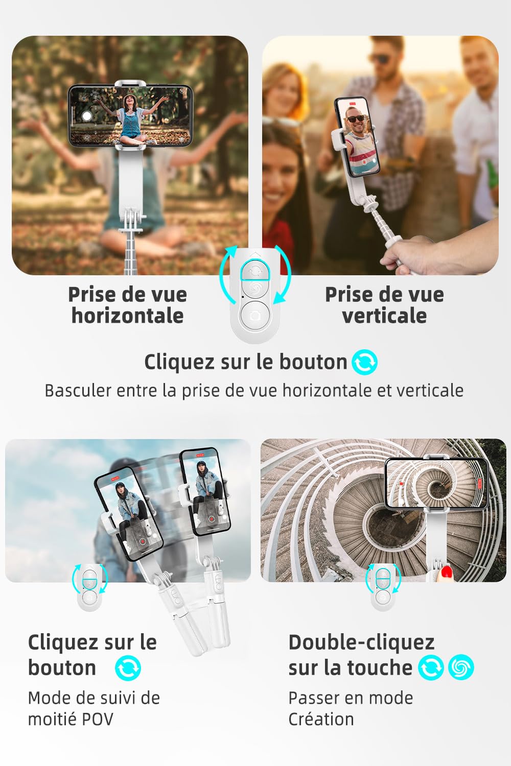 Stabilisateur Smartphone,avec lumière de Remplissage et télécommande, Portable et Pliable, Perche à Selfie à Cardan Portable pour Vidéo Vlog, Compatible avec Android/iOS