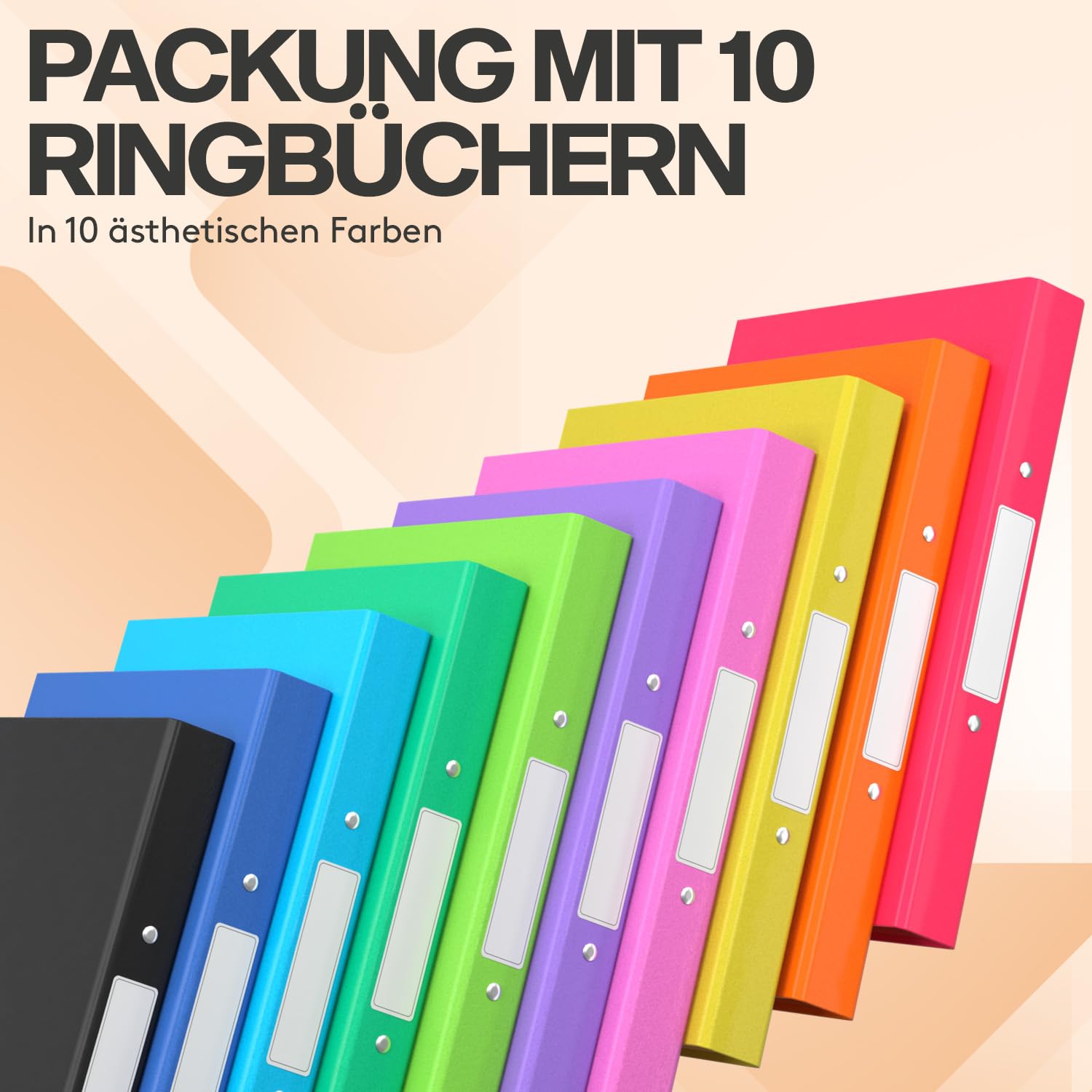 ACROPAQ – 10 x Ringordner A4 schmal, Ordner A4 in 10 bunten Farben mit 2 Ringen – inkl. Rückenetiketten – Ordner schmal für bis zu 200 Blätter – Rückenbreite 4 cm – Büro, Schule, Uni – Bunt