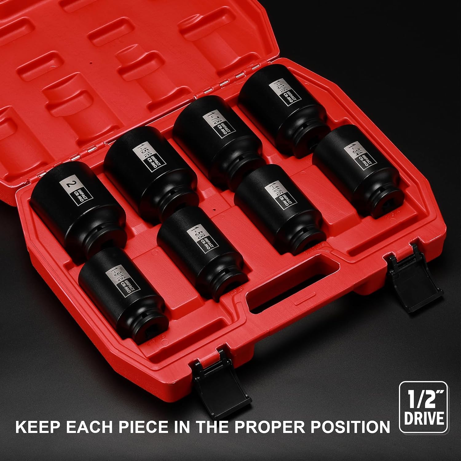 EMENTOL 8PCS 1/2-Inch Drive Spindle Axle Nut Impact Socket Set, CR-MO, 6 Point, SAE, 1/2" Dr. Deep Impact Socket Set, 1-9/16 Inch - 2 Inch